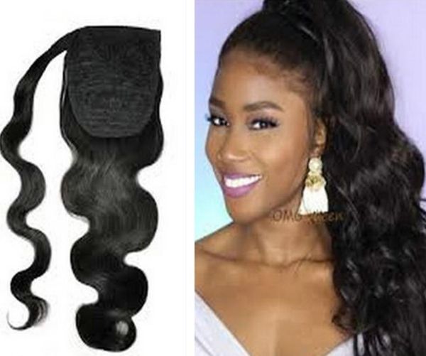 

loose wave brazilian remy human hair velcr magic ponytail horsetail clips inon human hair extension wavy pony tail hair piece 1003361103, Black