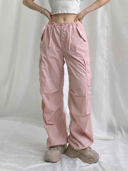 

women's pants capris summer y2k baggy cargo pants low rise drawstring fashion pocket casual kawaii pants pink women pants coquette aest, Black;white