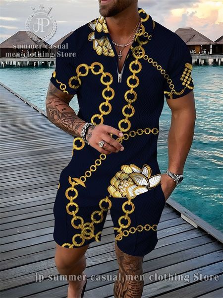 

mens tracksuits polo set fashion summer vneck zip shirtshorts beach trend men casual suit 3d printed tracksuit 2 piece 230512, Gray