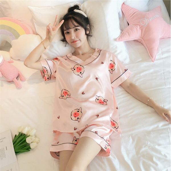 

women's sleepwear pajamas women summer thin ice silk short-sleeved two-piece suit net red cartoon ladies home service pajamas 230515, Black;red