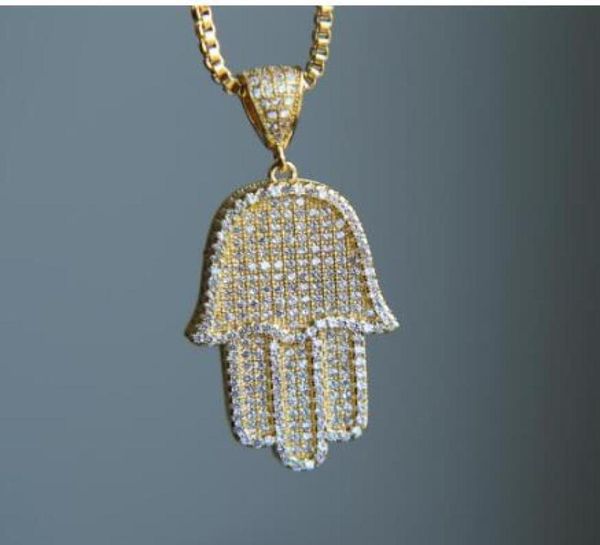 

hip hop bling box chain 24quot women men couple gold silver color iced out hamsa hand pendant necklace for birthday3201004