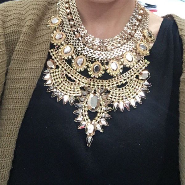 

chokers indian statement large collar big chokers necklaces women fashion crystal maxi long bohemian ethnic necklace jewelry 230512, Golden;silver
