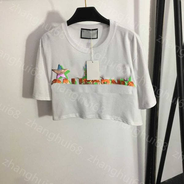 

23ss womens t-shirt womens designer clothing tee round neck pure cotton sequin embroidered pentagram letter print short sleeve t-shirt women, White
