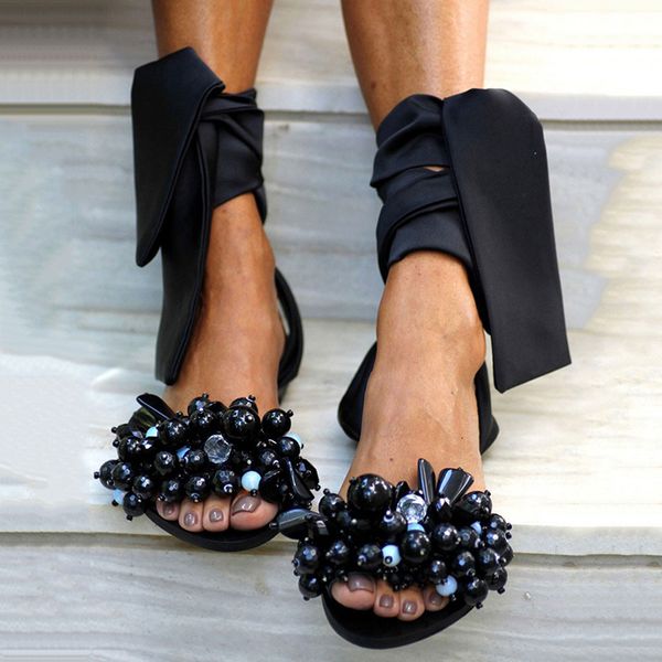 

sandals summer sandals female shoes fashion lace up flat sandal non-slip wild cute beads flower casual band ladies shoes 35-43 230515, Black