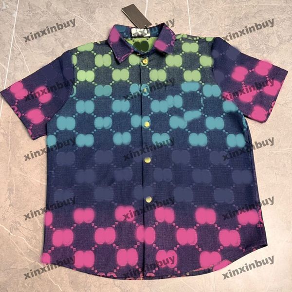 

xinxinbuy men designer tee t shirt 23ss rainbow gradient letter jacquard denim shirt short sleeve cotton women red blue s-xl, Black;brown