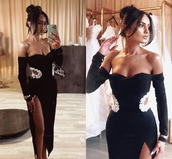 

black sheath women short prom dress for birthday party 2023 sweetheart pearls beads split satin cocktail gowns robe de soiree customed