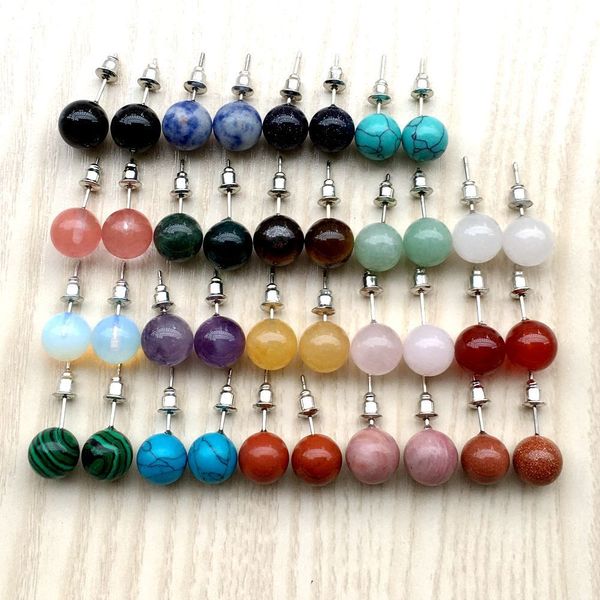 

stud 10pairs natural stone earrings healing crystal quartzs round ball beads steel stud fashion ear jewelry for women girl wholesale 230515, Golden;silver