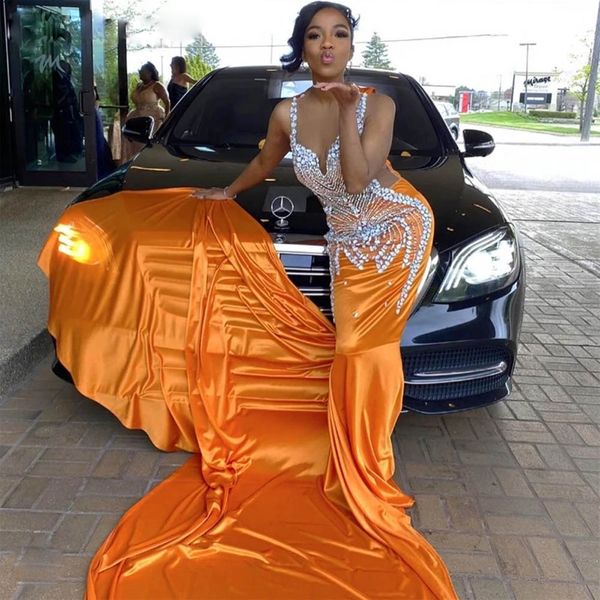 

stunning rhinestone mermaid prom dresses 2023 orange bead long evening party gowns sheer neck satin robe de bal, Black