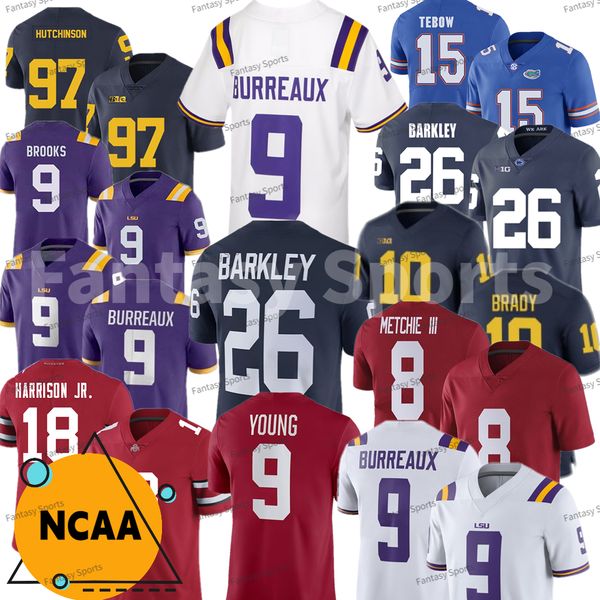 

men's college football jersey 9 joe burrow young 9 brock bowers 18 marvin harrison jr. 26 barkley tom brady vince young johnny manziel, Black;red