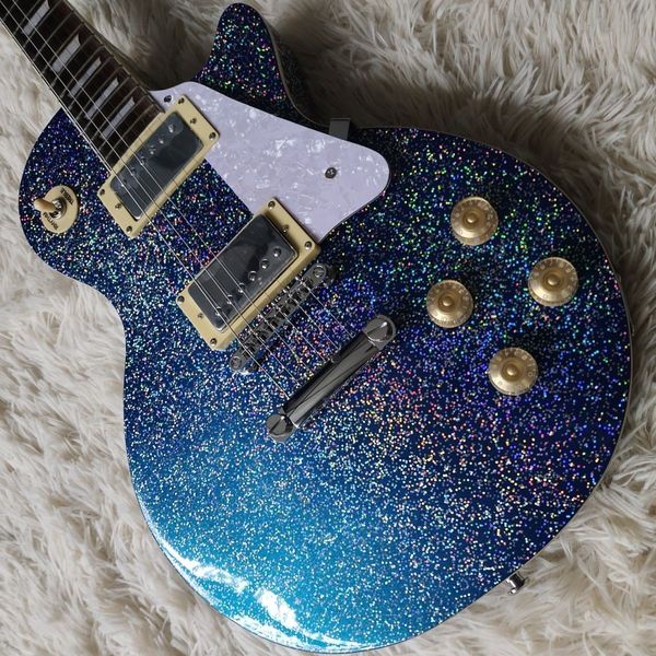 

factory direct sales of lp blue glitter guitar, wood material peach blossom core