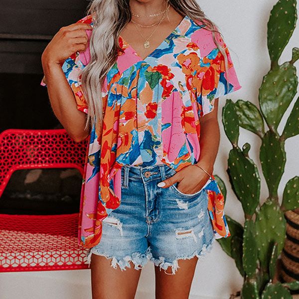

red abstract floral print v neck plus blouse, White