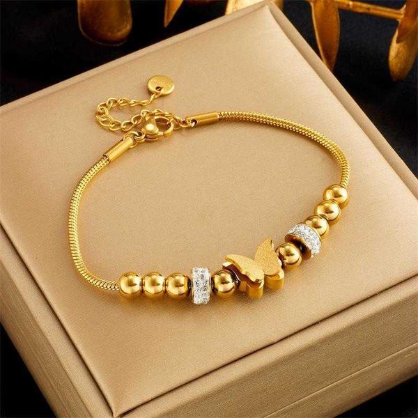 

simple niche fashion all strand match three dimensional butterfly beaded rhinestone encrusted chain titanium steel metal bracelet, Black