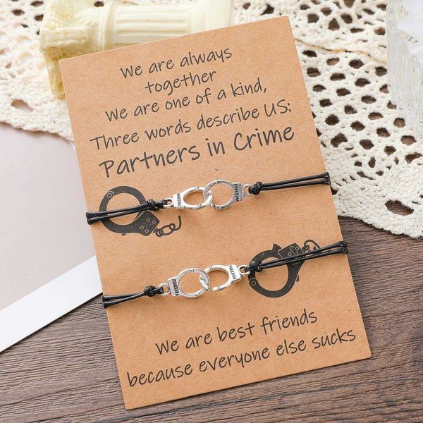 

good friend alloy handcuffs bracelet crime letter card wax rope woven, Golden;silver