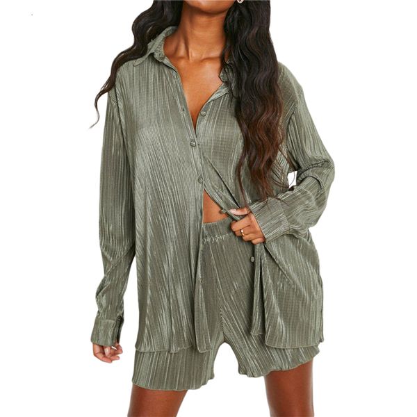 

women's two piece pants pleated shorts set 2 piece outfits for women 2000s aesthetic ruched long sleeve button down shirt and shorts y, White