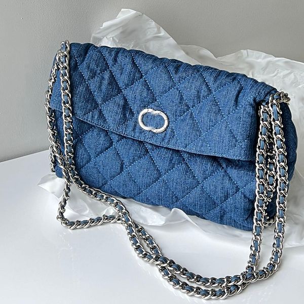 

denim jumbo women designer bag fold tote double chain shoulder handbag silver metal hardware large capacity diamond lattice luxury shopping