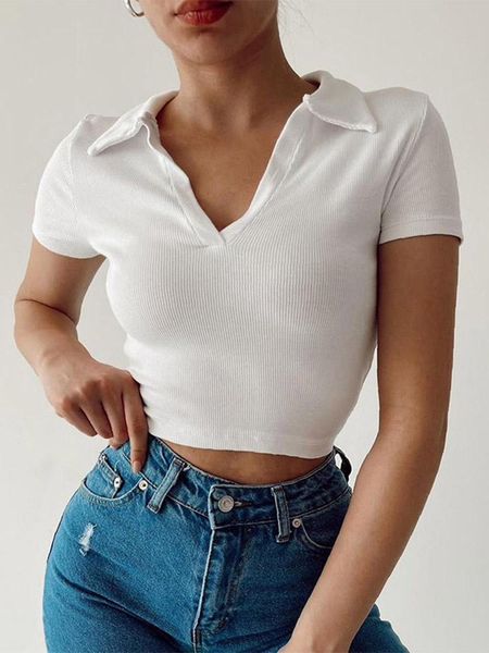 

t-shirt women crop spread collar vneck crop tshirt, White