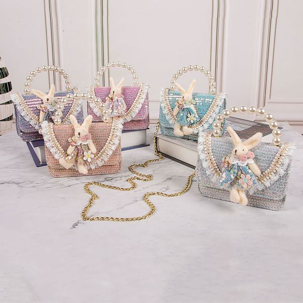 

sweet baby girls pearl sequin handbag fashion children lace 3d small rabbit one shoulder bag kids plaid chain crossbody bags f1662, Black