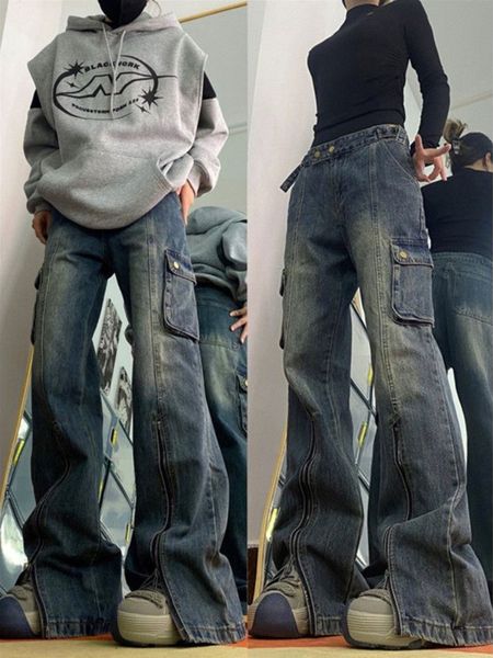 

women's pants s celana y2k saku ritsleting streetwear fashion punk jeans kaki lebar longgar pinggang tinggi wanita 2023 musim semi hara, Black;white