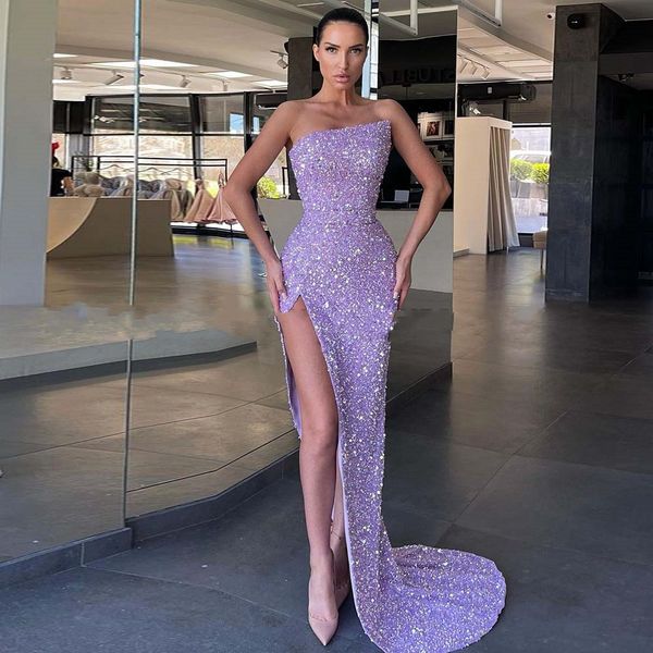

sparkle prom dress long luxury 2023 women purple strapless sequin mermaid evening gowns side split formal party dresses robe de soiree, Black
