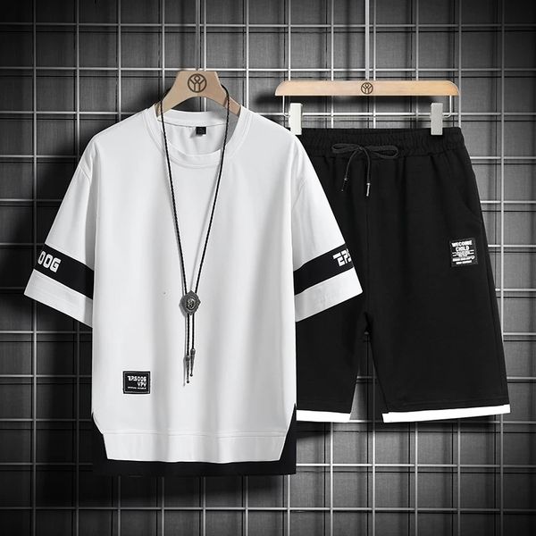 

men's tracksuits summer men sets casual harajuku tracksuit t-shirtshorts two piece men's streetwear outfit set fashion patchwork c, Gray