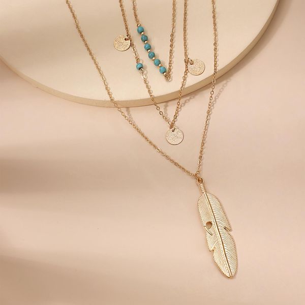 

luxury designer feather turquoise bead sequined multilayer necklace female designer jewlery for women new multi-layer fashion exaggerated tr, Silver
