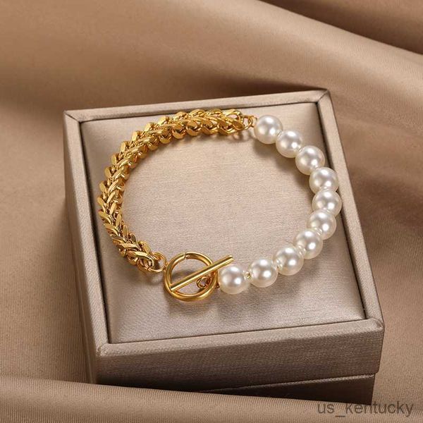 

charm bracelets fashion pearl chain bracelet for women stainless steel chunky bracelets retro statement jewelry party gifts, Golden;silver