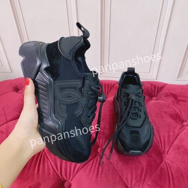 

new brand womens mens designer leather lace-up sneakers fashion lady flat running letters shoes platform sneaker, Black