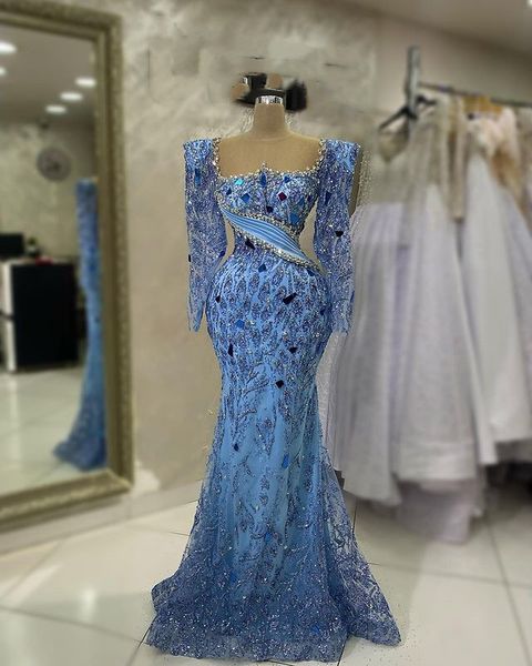 

Aso Ebi 2023 Arabic Beaded Crystals Prom Dress Mermaid Sequined Lace Evening Formal Party Second Reception Birthday Engagement Gowns Dresses Robe de Soiree SH047, Royal blue