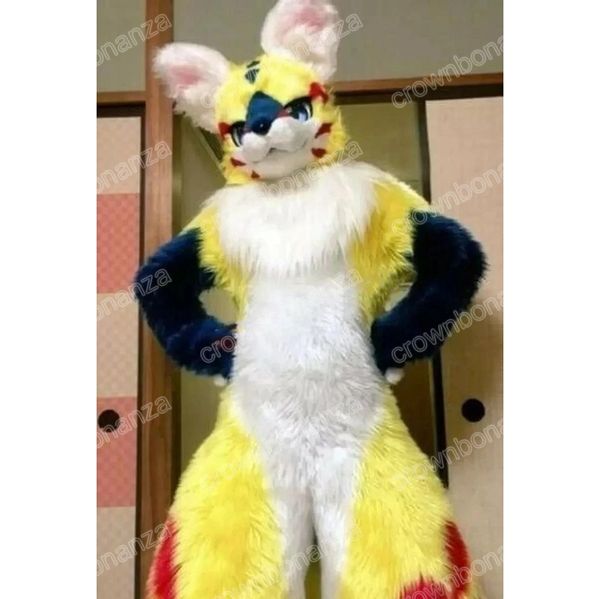 

simulation long furry white & yellow husky mascot costumes cartoon carnival adults outfit birthday party halloween christmas outdoor outfit, Red;yellow