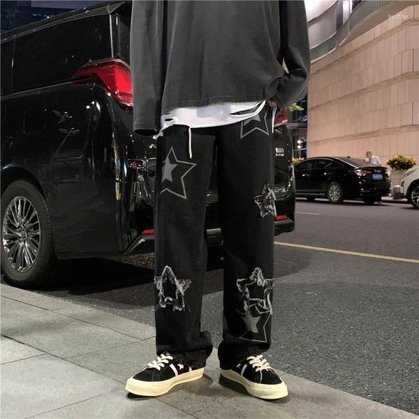 

men's jeans vintage women's men's korean denim pants y2k cltohes streetwear printed patchwork male baggy straight trousers fo, Blue