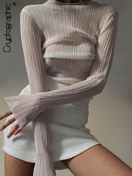 

t-shirt cryptographic 2022 fall elegant see through long sleeve mock neck women fashion streetwear tshirts tees slim clothes, White
