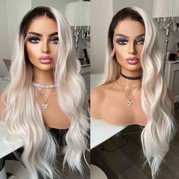 

long body wavy ombre blonde lace front wig synthetic 13x3 lace frontal wigs pre plucked with baby hair glueless white wavy cosplay wig, Black