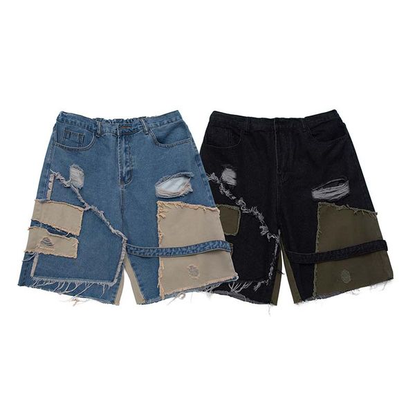 

men's jeans fashion color blcok streetwear washed denim shorts elastic waist letter embroidery for male patchwork, Blue