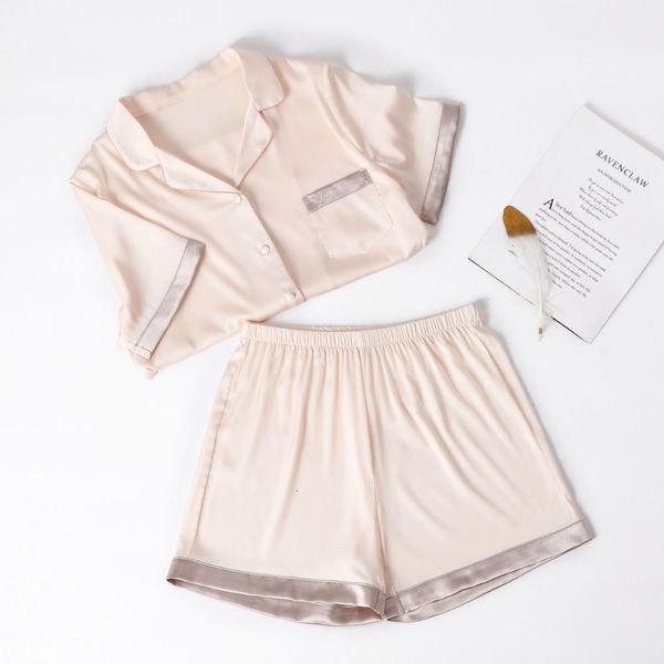 

women's sleepwear silk pajamas women's summer short-sleeved shorts thin section sweet girly temperament ice silk home service suit, Black;red