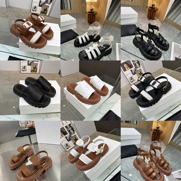 

clea chunky sandals designer triomphe gladiator sandal women leather fishman adjustable buckle strap slides slippers platform, Black