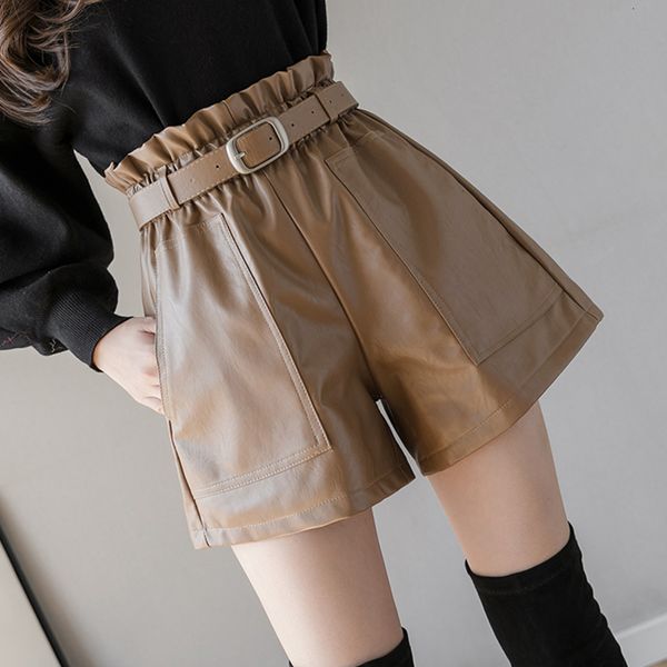

women's shorts women's leather shorts pu high waist elastic a-line wide-legged with belt black brown elegant bottoms casual short, White;black