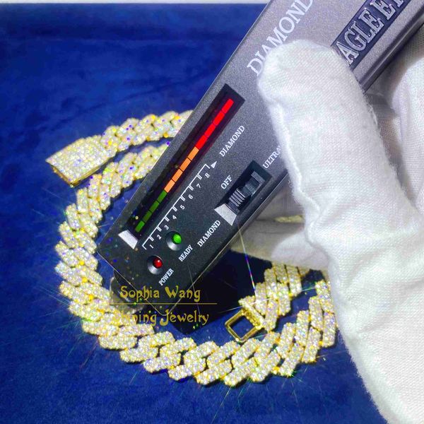 

iced out 15mm gold plated moissanite cuban link chain jewelry necklace, Silver