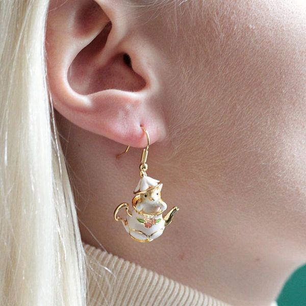 

dangle chandelier hand-painted enamel cute pet fun design teapot and mouse simple exquisite earrings 230515, Silver