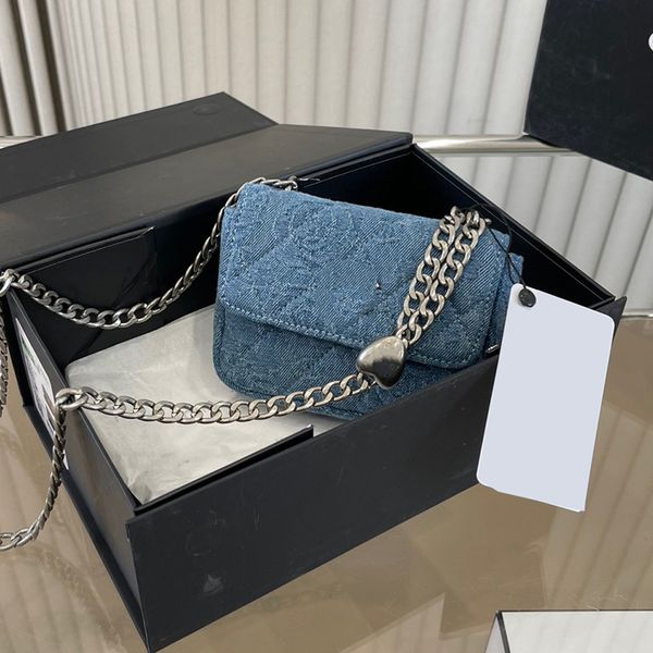 

womens designer denim camellia crush bead vanity bags blur purse silver metal hardware chain crossbody shoulder cosmetic case tiny lipctick