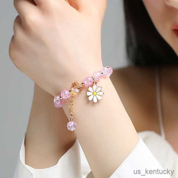 

charm bracelets new korean flowers daisy bracelets for women colorful crystal beaded bracelet handmade elastic rope women jewelry, Golden;silver