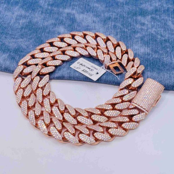 

18mm moissanite hip hop chain pass diamond tester s925 three rows vvs moissanite cuban link chain, Silver