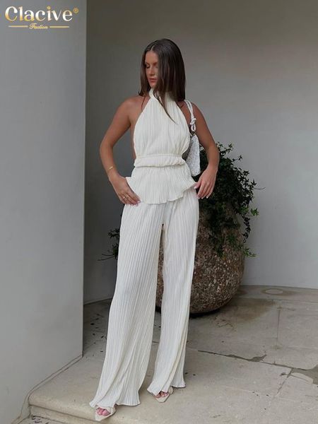

women's two piece pants clacive backless tank set woman 2 piece summer white pleated trouser suits female elegant high waist wide pants
