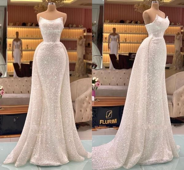 

sparkly plus size mermaid wedding dresses strapless sequined draped pleats long train second reception dress bridal gowns custom made, White