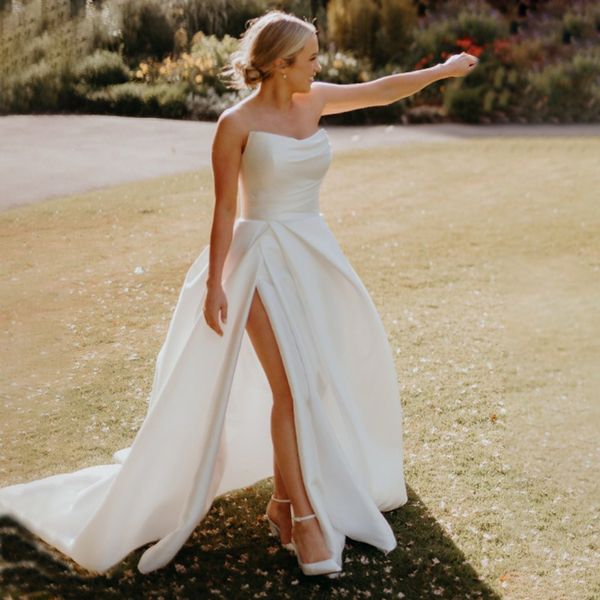 

simple strapless a line wedding dresses with slit pleat satin garden bridal gowns plus size womens summer vestido de noche, White