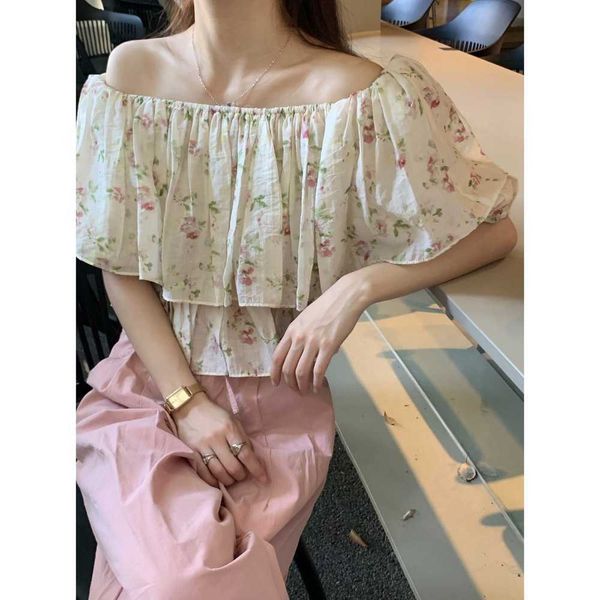 

dahe tiansi fragmented flower shirt off shoulder french small shirt 2023 new summer women's off shoulderohft, White