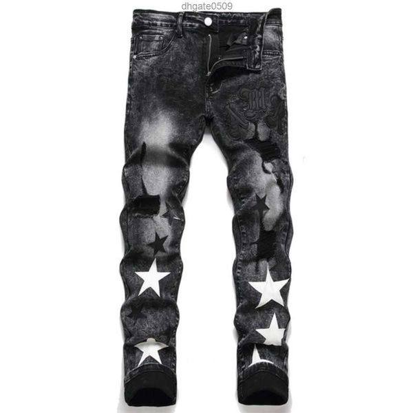 

mens jeans designer amirs denim tears pants perforated patch trendy elastic stacked versatile 's slim pencil 91tr6, Blue