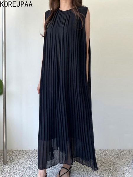 

dresses korejpaa simple retro dress women round neck sleeveless pleated dresses female korean solid slimming lace up clothing summer, Black;gray