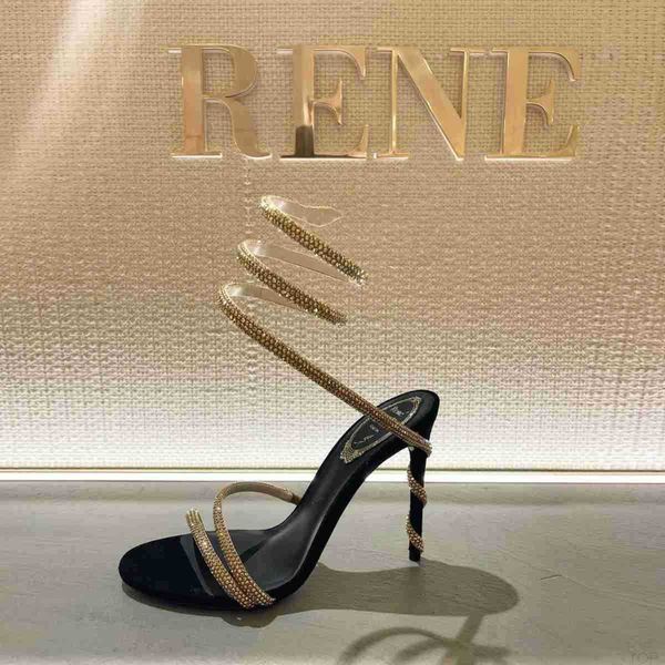 

rene caovilla margot embellished suede snake strass stiletto heel sandals evening shoes women high heeled luxury designers ankle wraparound, Black