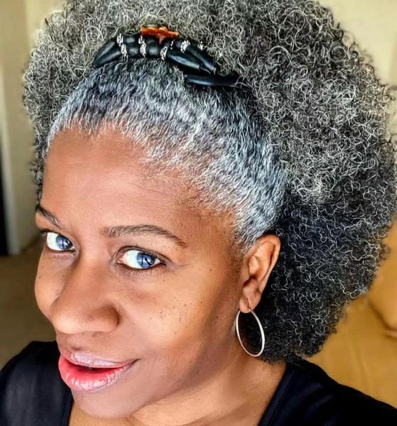 

women gray hair match ponytail extension hallwood afro bun or puff kinky curly drawstring real human hairs ponytails clip in4557924, Black