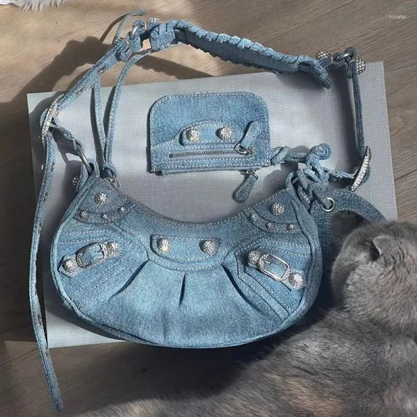

evening bags denim diamond riveted shoulder messenger bag handbags vintage leather for women card holder and mirror, Black